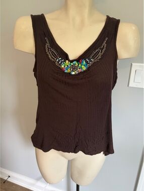 Matty M Women's Brown Beaded V-Neck Tank Top Medium